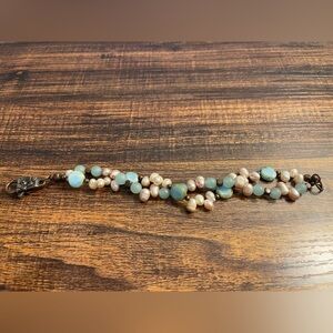 Twist layering glass blue green beads and freshwater pearl bracelet flower clasp